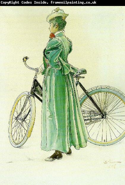 Carl Larsson fru grosshandlare eriksson-kvinna vid cykel